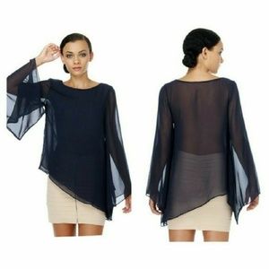 Lush Navy Sheer Asymmetrical Batwing Blouse
